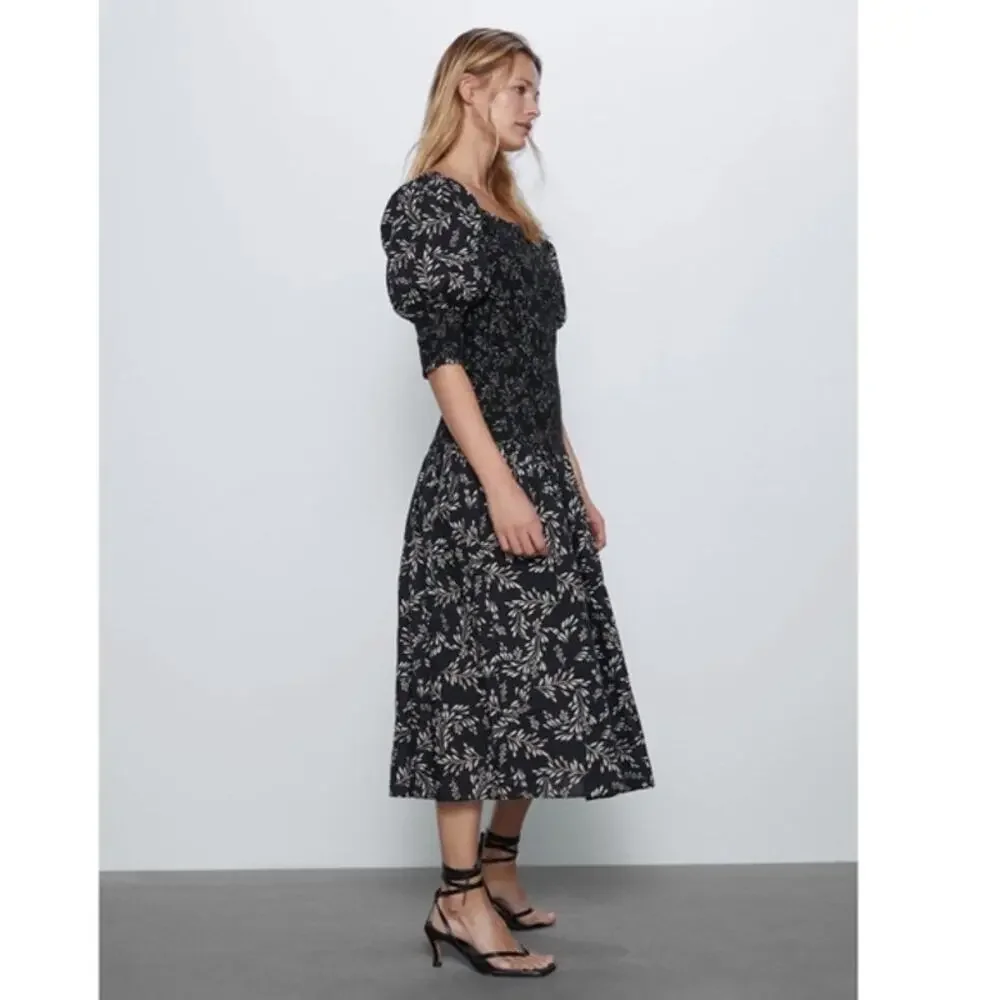 NWOT ZARA Dress M Linen Floral Off/On-Shoulder Puff-1/2-Sleeve Fit&Flare Smocked - Picture 4 of 14